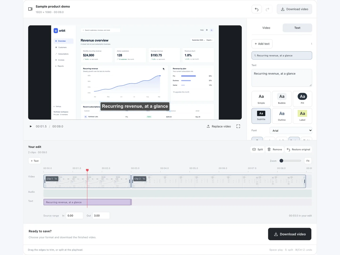 Online video editor with a SaaS demo, styled text and a multi-track timeline